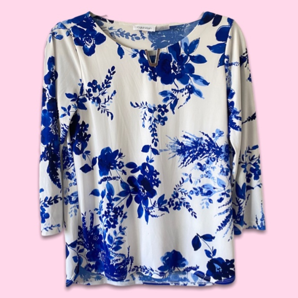 Calvin Klein white and blue floral blouse